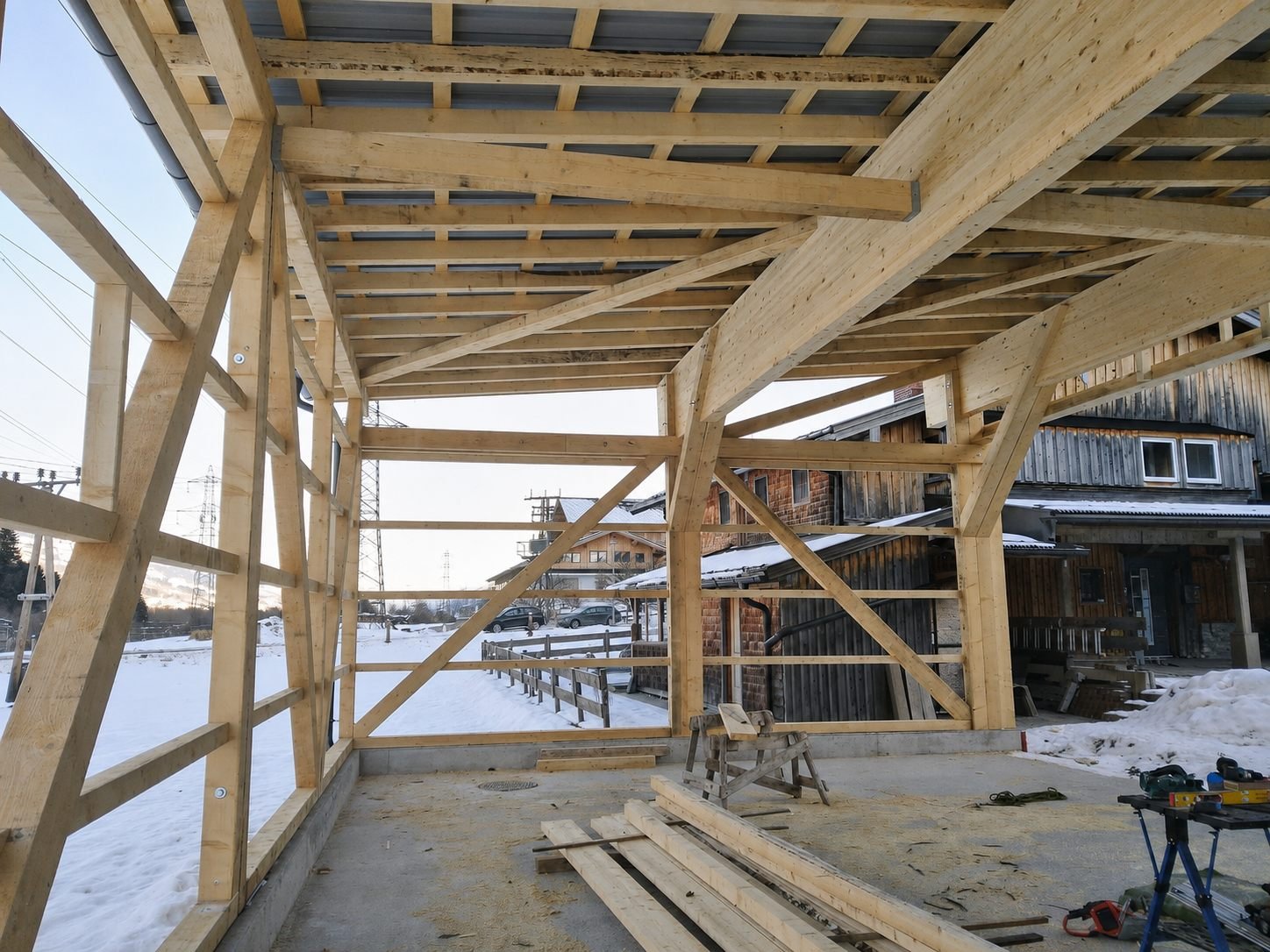 Innenansicht eines Holzrahmen-Carports mit Verstrebungen