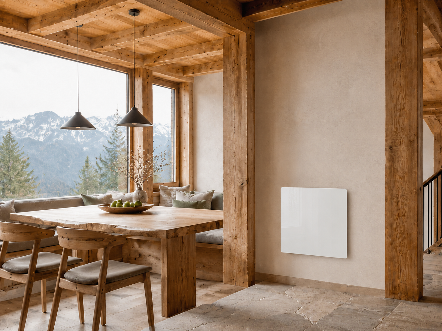 Weißes Infrarot-Heizpaneel in einem Chalet-Esszimmer mit Bergblick